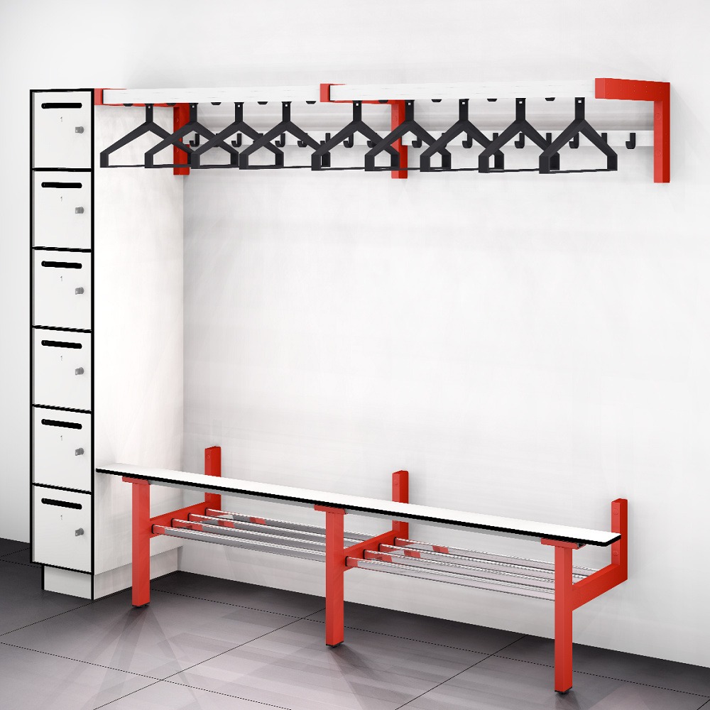 Maatwerk brandweergarderobe met kledinghangers en zitbank
