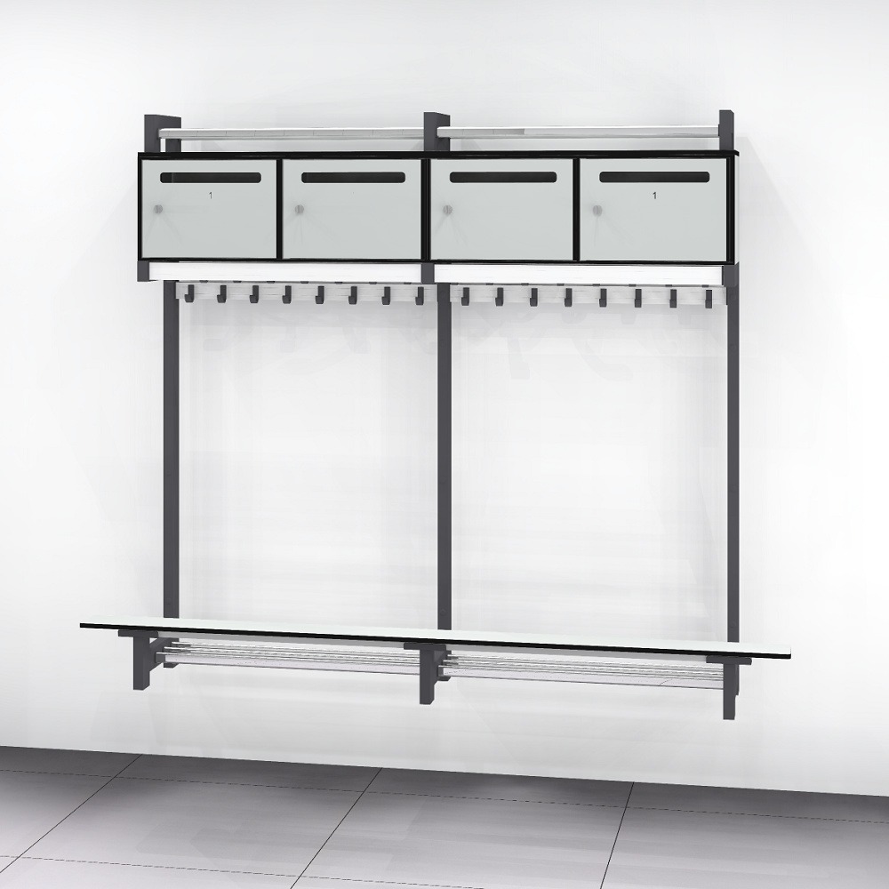 Brandweergarderobe aan de wand met lockers en zitbank