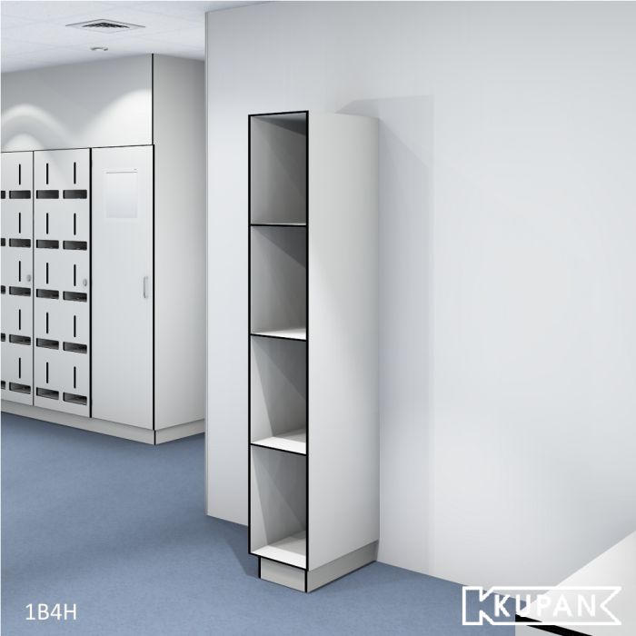 Perspectief aanzicht van de Kupan 1-koloms locker met 4 open vakken, ontworpen voor gebruik in ziekenhuizen, high-care gebieden en micro-elektronica omgevingen binnen ISO 14644 klasse 4-9 cleanrooms. Ideaal voor het georganiseerd en veilig opbergen van kl