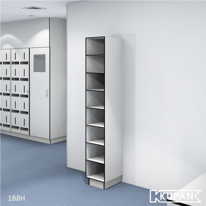 Perspectief aanzicht van de Kupan 1-koloms HPL locker met 8 open vakken, ideaal voor het georganiseerd opbergen van persoonlijke beschermingsmiddelen, schoenen en kleding in ziekenhuizen, laboratoria en cleanrooms waar hoge hygiënenormen gelden.