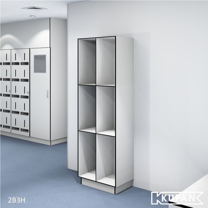 Perspective view of the Kupan 2-column 3-compartment open locker, designed for use in hygiene sluices leading to pharmaceutical areas, GMP facilities, and ISO 14644 cleanrooms. Ideal for storing and easily accessing required clothing and accessories.