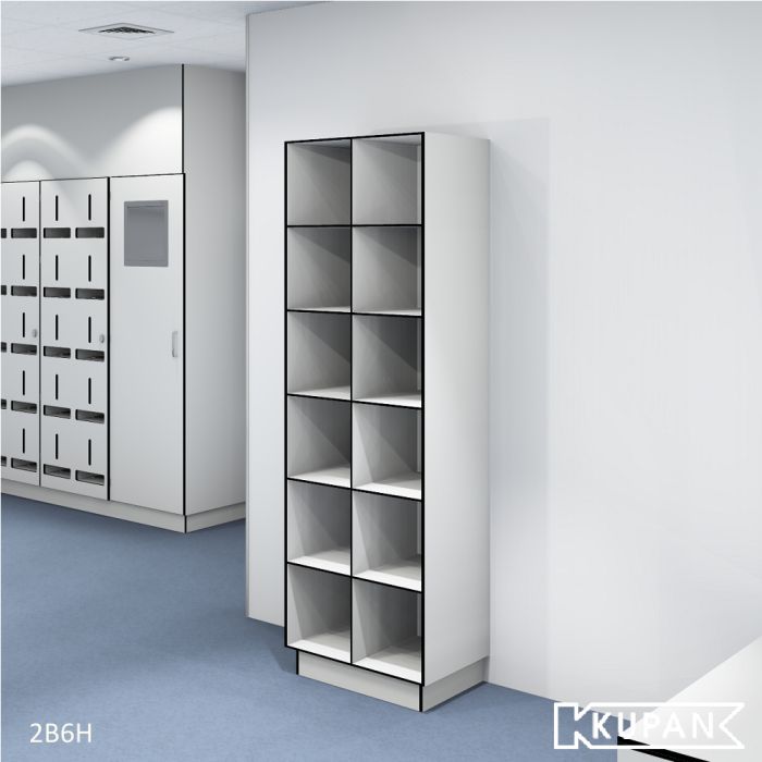 Perspectief aanzicht van de Kupan 2-koloms HPL locker met 6 open vakken, ideaal voor het opbergen van bedrijfsschoenen of voorgesorteerde setjes kleding in sectoren zoals ziekenhuizen, bio-industrie, laboratoria, universiteiten en onderzoeksinstellingen. 