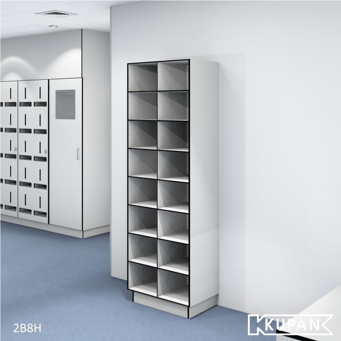 Perspectief aanzicht van de Kupan 2-koloms HPL locker met 16 open vakken, ideaal voor het georganiseerd opbergen van een breed scala aan items zoals persoonlijke beschermingsmiddelen, schoenen, en kleding in ziekenhuizen, laboratoria en cleanrooms waar ho