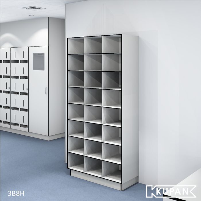 Perspectief aanzicht van de Kupan 3-koloms HPL locker met 24 open vakken, ideaal voor het georganiseerd opbergen van een breed scala aan items zoals persoonlijke beschermingsmiddelen, schoenen, en kleding in ziekenhuizen, laboratoria en cleanrooms waar ho