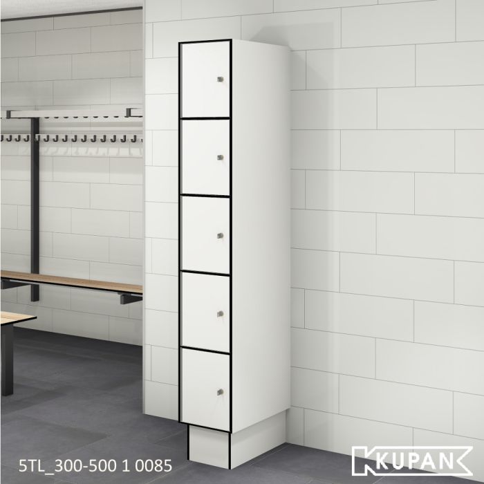 Perspectief aanzicht van de Kupan 1-koloms 5TL-300-500 locker in White (kleur 0085), multifunctioneel ontworpen voor het opbergen van telefoons, tablets, kleine persoonlijke items, en lunches, uitgerust met elektronische pincode- of tag-sloten, ideaal voo