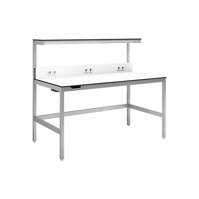 Lab tafel hoogte verstelbaar met kabelgoot, kabelkanaal en stopcontacten en schap. voor laboratoria en Cleanroom