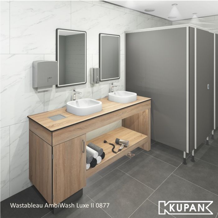 AmbiWash Luxe II
Vrijstaand wastafeltableau
Wastafel met zijwand en achterwand
Hoogwaardig wastafelontwerp
Compact HPL wastafel
Luxe wastafel voor openbare ruimtes