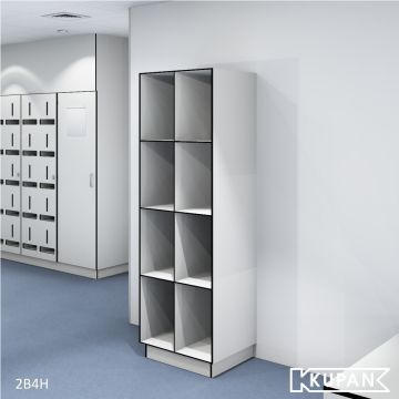 Perspective view of the Kupan 2-column locker with 4 open compartments, designed for use in hospitals, high-care areas, and microelectronics environments within ISO 14644 Class 4-9 cleanrooms. Ideal for organized and secure storage of clothing and essenti