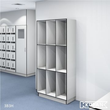 Perspective view of the Kupan 3-column 3-compartment open locker, designed for use in hospitals, high-care areas, and microelectronics environments complying with ISO 14644 Class 4-9. Ideal for securely storing staff uniforms, medical apparel, and sensiti