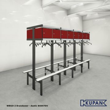 Kupan WBGO-2-B5697DV, Kupan brandweergarderobe, garderobe uitrukkleding, dubbelzijdig garderoberek, brandweer lockers, helmrek, laarzenrek, Aestic B5697DV