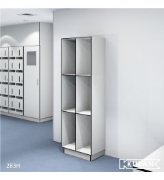 Perspective view of the Kupan 2-column 3-compartment open locker, designed for use in hygiene sluices leading to pharmaceutical areas, GMP facilities, and ISO 14644 cleanrooms. Ideal for storing and easily accessing required clothing and accessories.