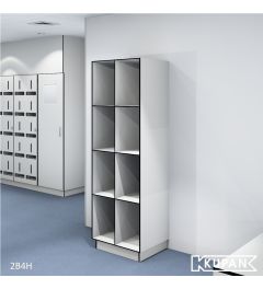 Perspective view of the Kupan 2-column locker with 4 open compartments, designed for use in hospitals, high-care areas, and microelectronics environments within ISO 14644 Class 4-9 cleanrooms. Ideal for organized and secure storage of clothing and essenti