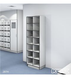 Perspectief aanzicht van de Kupan 2-koloms HPL locker met 14 open vakken, ideaal voor het georganiseerd opbergen van schoenen, kleding en persoonlijke beschermingsmiddelen in sectoren zoals ziekenhuizen, laboratoria en cleanrooms waar hoge hygiënenormen g