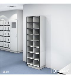 Perspectief aanzicht van de Kupan 2-koloms HPL locker met 16 open vakken, ideaal voor het georganiseerd opbergen van een breed scala aan items zoals persoonlijke beschermingsmiddelen, schoenen, en kleding in ziekenhuizen, laboratoria en cleanrooms waar ho