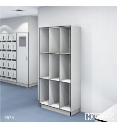 Perspective view of the Kupan 3-column 3-compartment open locker, designed for use in hospitals, high-care areas, and microelectronics environments complying with ISO 14644 Class 4-9. Ideal for securely storing staff uniforms, medical apparel, and sensiti