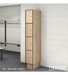 Perspectief aanzicht van Kupan 1-koloms 3TL-300-550 locker in Light Sawcut Oak (kleur 0877), geschikt voor vochtige omgevingen, uitgerust met zachte dempertjes voor geluidsreductie, gemaakt van compact HPL materiaal, met zitbanken en garderobe op de achte