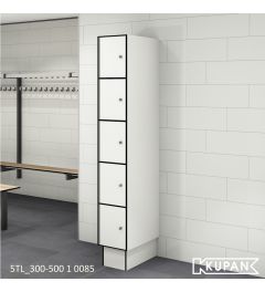 Perspectief aanzicht van de Kupan 1-koloms 5TL-300-500 locker in White (kleur 0085), multifunctioneel ontworpen voor het opbergen van telefoons, tablets, kleine persoonlijke items, en lunches, uitgerust met elektronische pincode- of tag-sloten, ideaal voo
